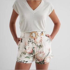 Express Floral High Waist Shorts - Cream and Green